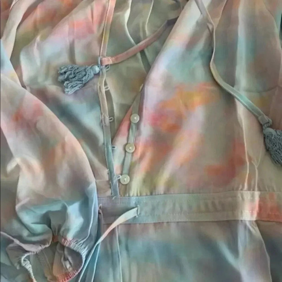 NEW! Boho Tie Dye Button Down Ruched Drawstring Romper With Tassel Accents - Picture 6 of 8